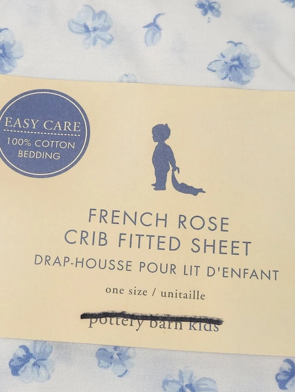 Pottery Barn Kids French Rose Floral Crib Fitted Sheet 100% Cotton NOS Blue